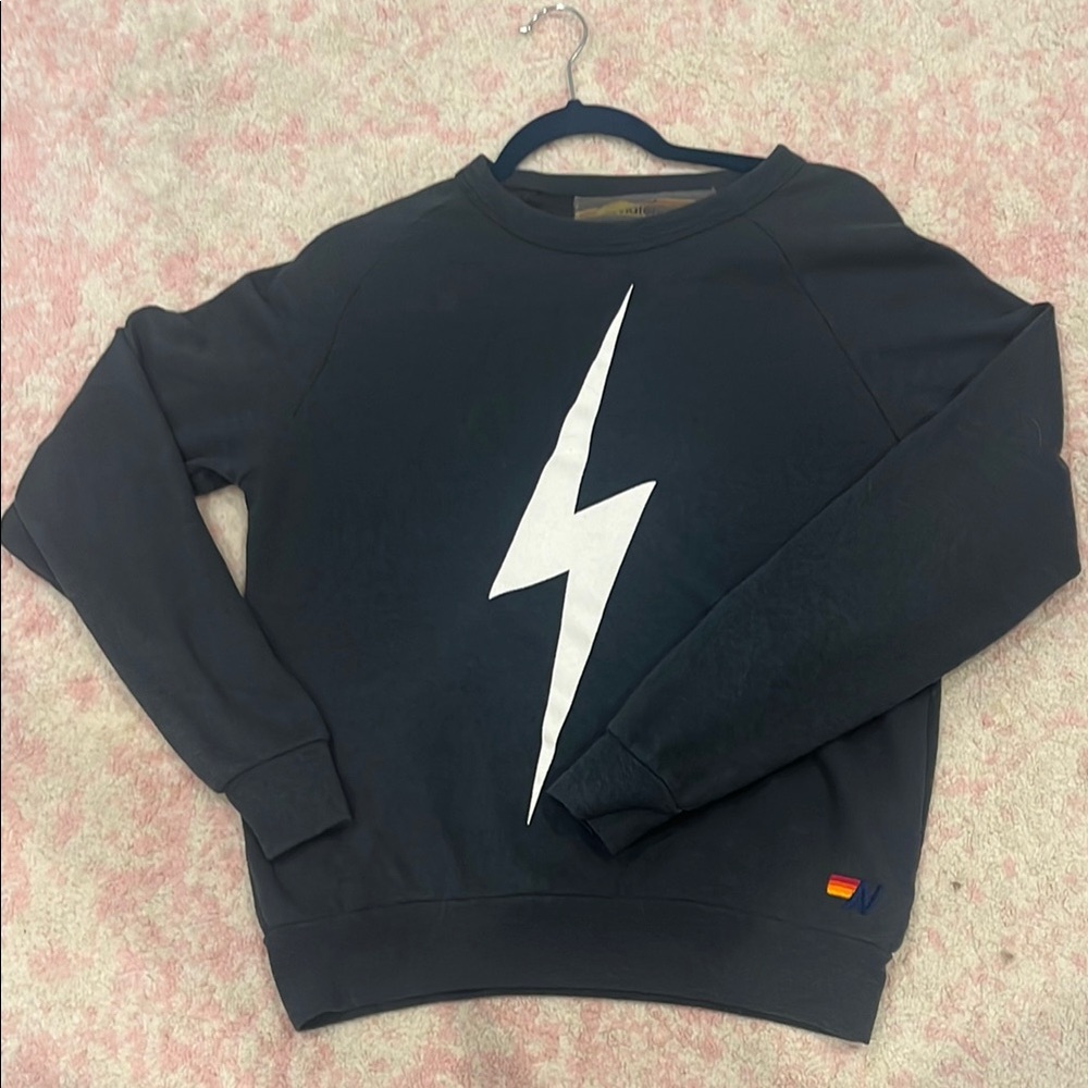 Aviator Nation Navy Crewneck Sweater with White Lightning Bolt